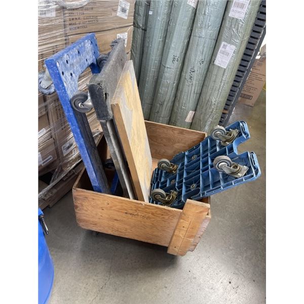 3 FOUR WHEEL DOLLIES AND WOODEN BOX ON WHEELS