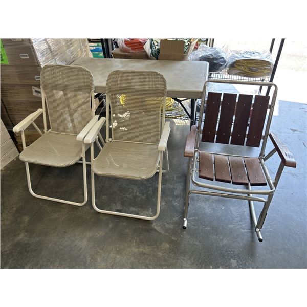 PATIO ROCKER AND 2 FOLDING PATIO CHAIRS