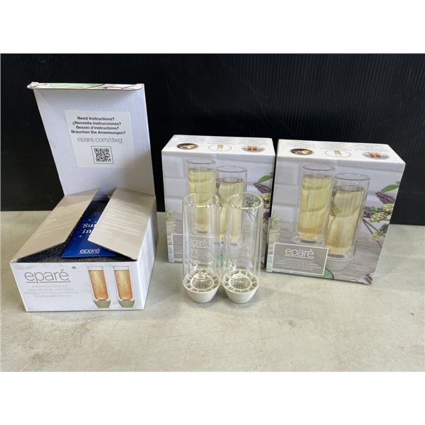 SET OF 6 NEW EPARE CHAMPAGNE FLUTE SET, DUAL WALL INSULATED GLASS RETAIL $45 EACH, 3 SETS OF 2, TOTA