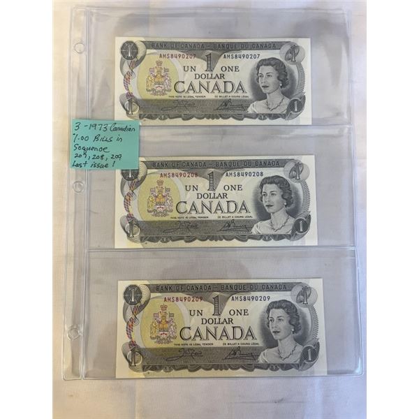 3 - 1973 CANADIAN BILLS IN SEQUENCE 207, 208, 209 LAST ISSUES