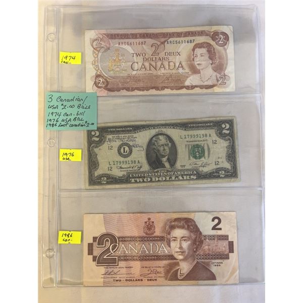 3 CANADIAN/ USA $2 BILLS 1974 CANADIAN, 1976 USA, 1986 LAST YEAR OF $2