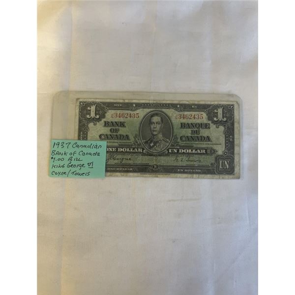 1937 CANADIAN BANK OF CANADA KING GEORGE V $1 BILL CONYE/ TOWERS