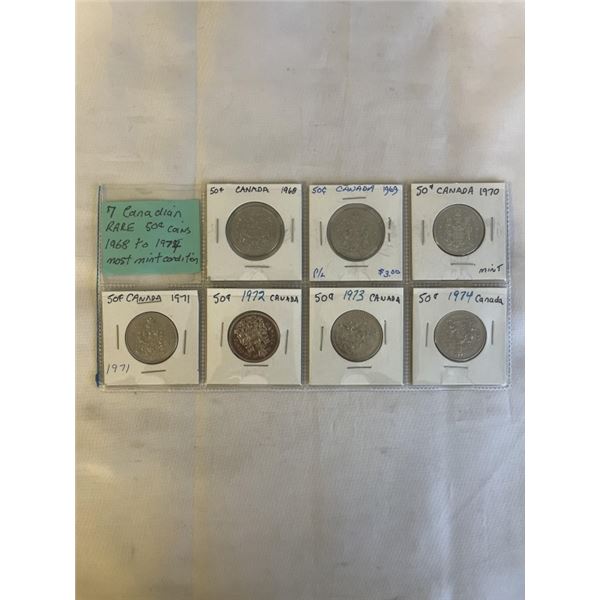 7 CANADIAN RARE 50 CENT COINS 1968-1974 MINT CONDITION