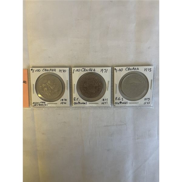 3 CANADIAN CENTENNIAL DOLLARS - 1970 MANITOBA, 1971 BC, 1973 PEI