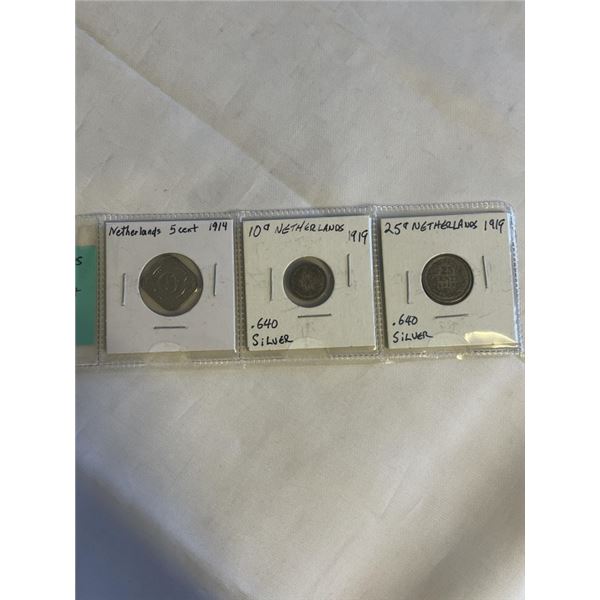 3 NETHERLANDS WWI COINS, 1914 SQUAER 5 CENT, 1919 SILVER DIME, 1919 SILVER 25 CENT .640 SILVER