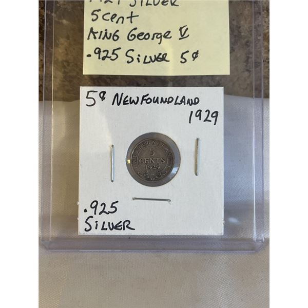 1929 SILVER 5 CENT, KING GEORGE V NEWFOUNDLAND .925 SILVER