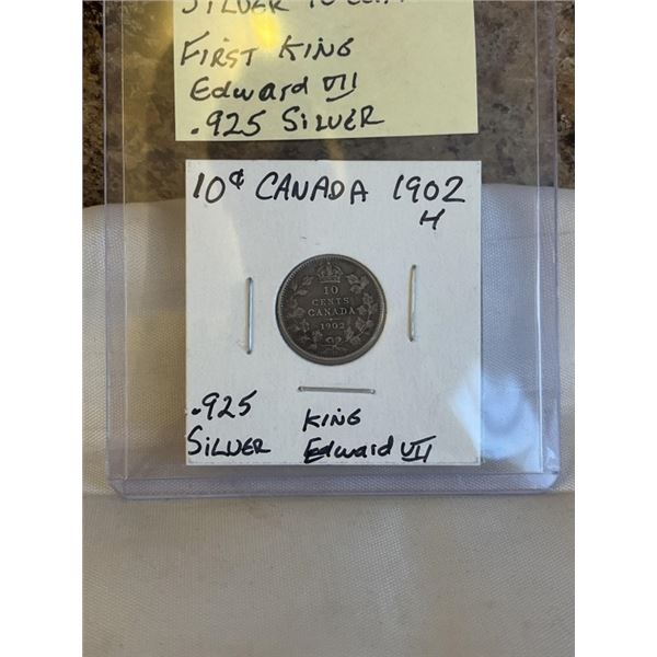 1902-H CANADIAN SILVER 10 CENT, FIRST KING EDWARD VII .925 SILVER