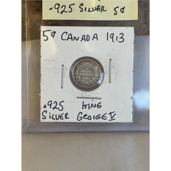 1913 CANADIAN SILVER 5 CENT, KING GEORGE V .925 SILVER