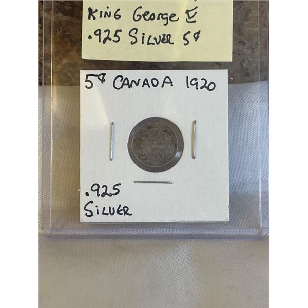 1920 CANADIAN SILVER 5 CENT, KING GEORGE V .925 SILVER