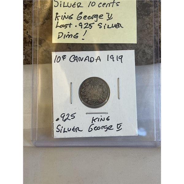 1919 CANADIAN SILVER 10 CENT, KING GEORGE V LAST .925 SILVER DIME
