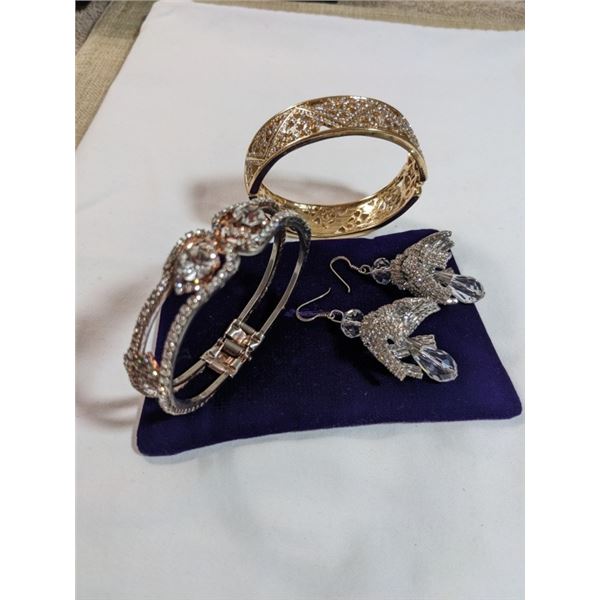 GOLD PLATED W/ RHINESTONES BANGLE, VINTAGE BANGLE AND PAIR OF EARRINGS