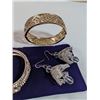 Image 2 : GOLD PLATED W/ RHINESTONES BANGLE, VINTAGE BANGLE AND PAIR OF EARRINGS