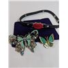 Image 1 : VINTAGE BLACK LEATHER CHOKER NECKLACE, TINE RED TONES LIP PENDANT AND 2 ENAMEL BUTTERFLY BROOCHES
