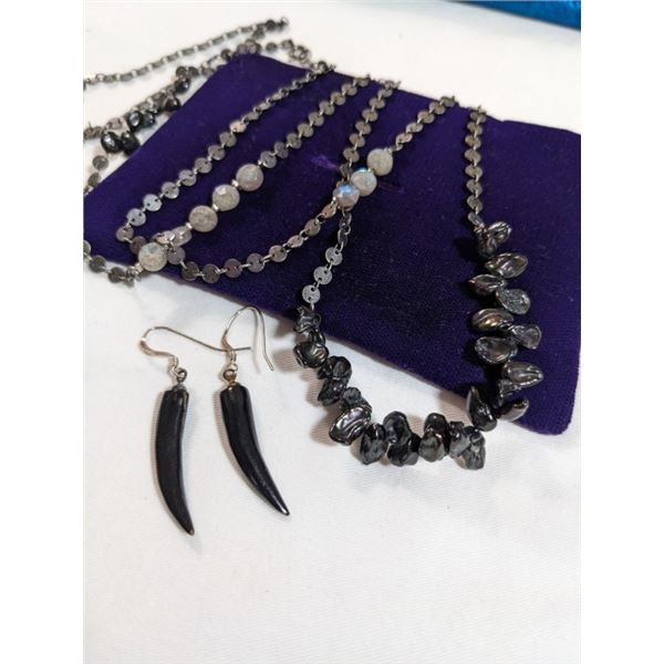 VINTAGE DOUBLE LENGTH SILVER W/ GENUINE MOONSTONES BEADS AND BLACK PEARLS NECKLACE, AND BLACK CORAL 