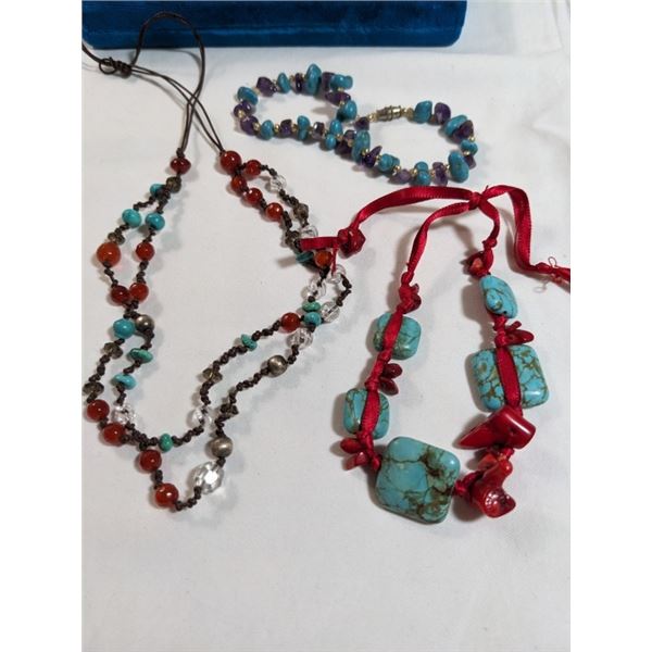 2 VINTAGE TURQUOISE BRACELETS AND DOUBLE STRAND NECKLACE