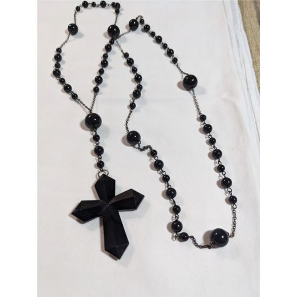 BLACK CROSS W/ BLACK BEADS NECKLACE