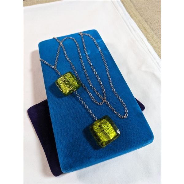 SILVER CHAIN W/ 2 MURANO GLASS STONE PENDANTS NECKLACE