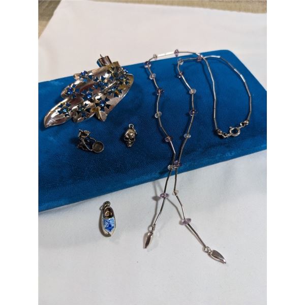 3 VINTAGE STERLING SILVER CHARMS, NECKLACE AND BROOCH