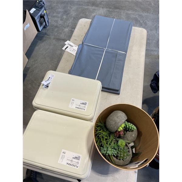2 SETS OF IKEA STORAGE METAL BINS AND ASSORTED DECOR INCLUDING FABRIC STORAGE BINS