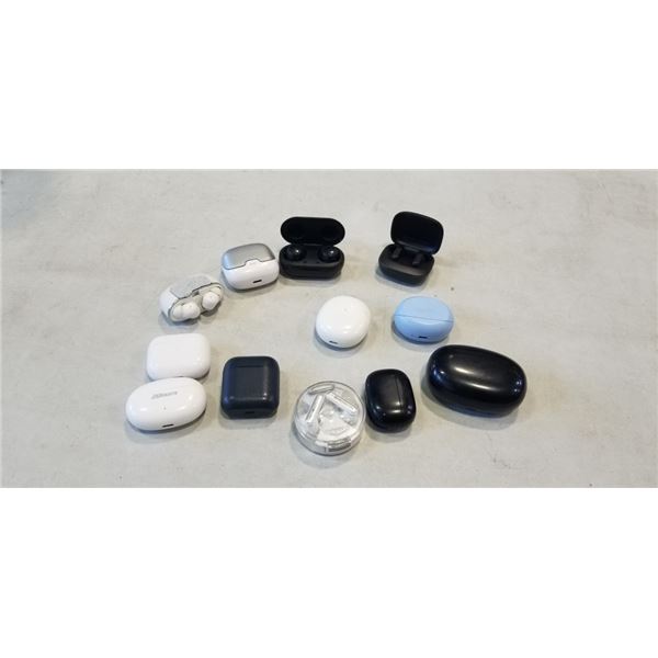 12 PAIRS OF ASSORTED BLUETOOTH EARBUDS