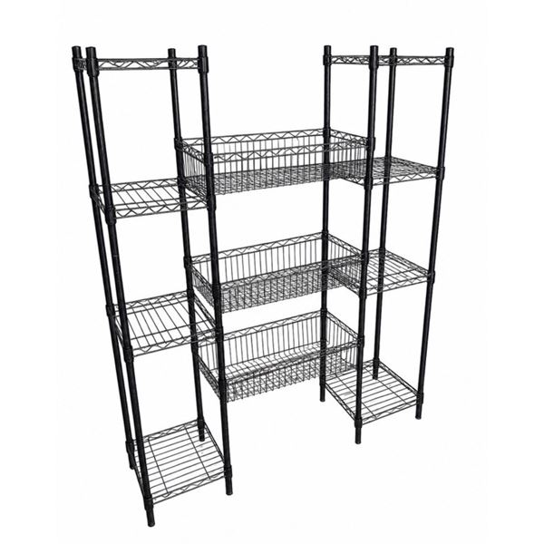 BRAND NEW BLACK 4 TIER STORAGE RACK W/ SHELVES AND STORAGE BASKETS - 60" TALL, 50" WIDE, 14" DEEP