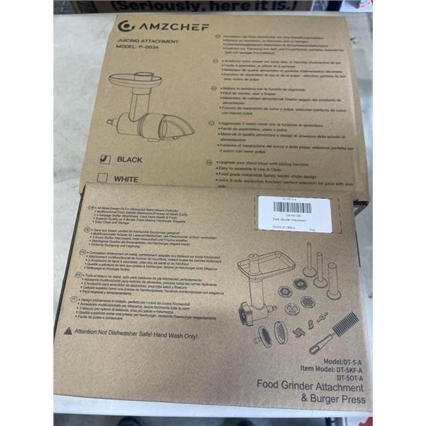 NEW AMZCHEF FOOD GRINDER ATTACHMENT & BURGER PRESS, AND AMZCHEF JUICING ATTACHMENT. WORKS WITH KITCH