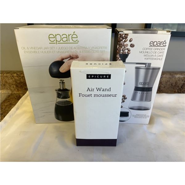 NEW EPICURE BURGER PRESS, MANDOLIN SLICER,  WEDGER, BBQ SKEWER SET, 4 PC CUTTING BOARD SET, OIL AND 