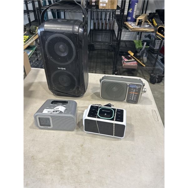 EMERSON ALARM CLOCK, IHOME IPOD DOCK, PANASONIC RADIO AND W-KING SPEAKER
