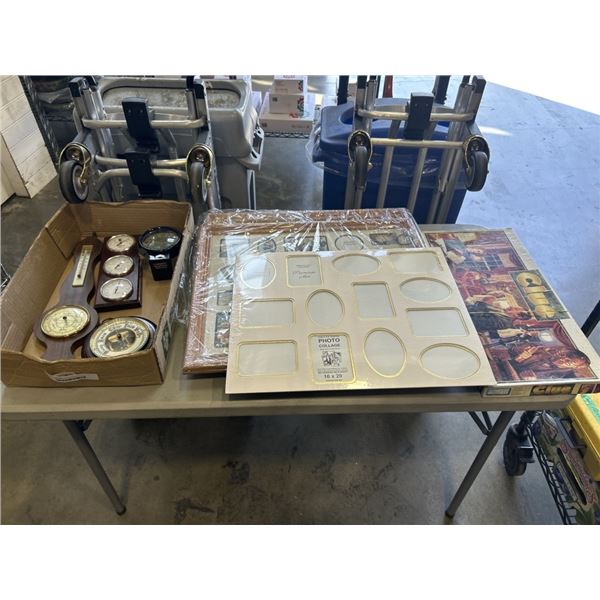 VINTAGE WEATHER STATIONS, BAROMETERS ETC, AND OAK PICTURE FRAME SETS, VINTAGE CLUE BOARDGAME