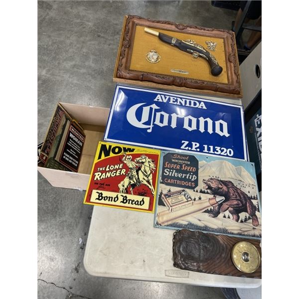 BOX OF ANTIQUE METAL SIGNS AND FRAMED FAKE GUN
