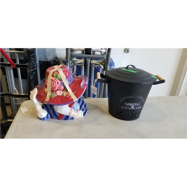 METAL ONION POT, AND LADY WITH HAT COOKIE JAR