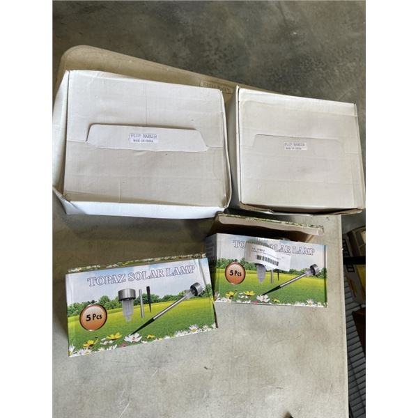 2 CASES OF NEW FLIP MARKERS, AND 2 BOXES OF NEW SOLAR LAMPS