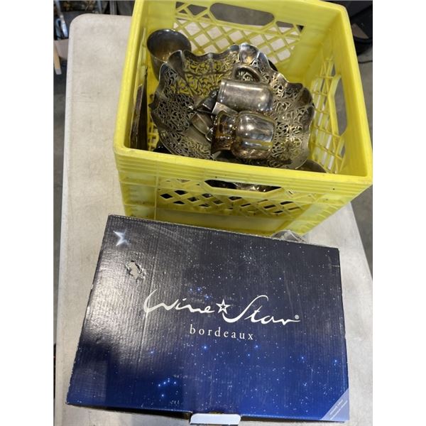 CRATE OF SILVER PLATE ITEMS AND CHRISTMAS THEME WINE GLASSES