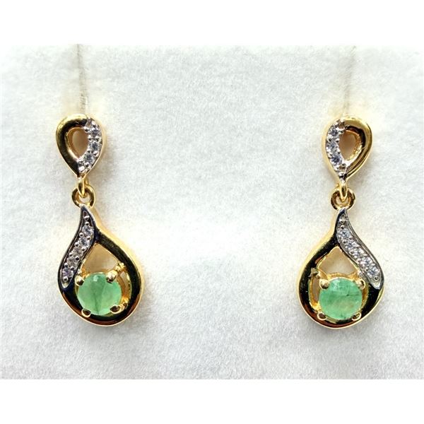GOLD PLATED STERLING SILVER NATURAL EMERALD EARRINGS, W/A $400.00. EMERALD IS THE BIRTHSTONE FOR MAY