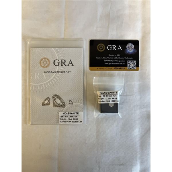 NEW 2.0CT MOISSANITE STONE, ROUND BRILLIANT CUT, GH-VVS1, GRA REPORT, TESTS POSITIVE W/ DIAMOND TEST