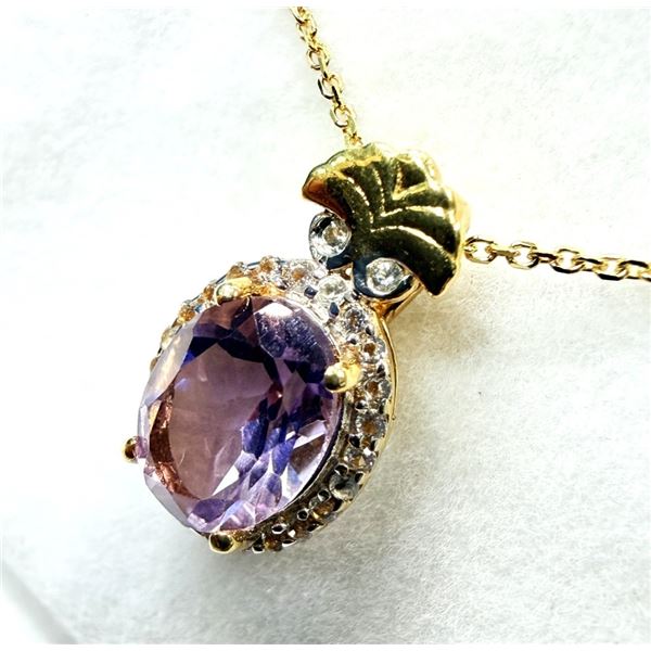 GOLD PLATED STERLING SILVER NATURAL AMETHYST WITH CZ NECKLACE, W/A $450.00. AMETHYST IS THE BIRTHSTO