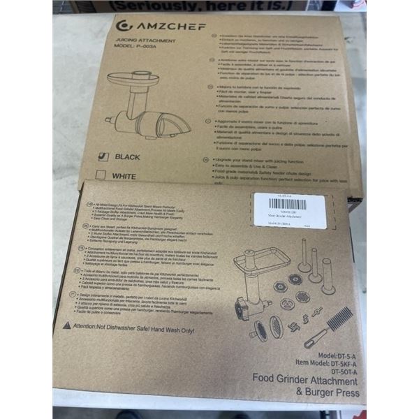 NEW AMZCHEF FOOD GRINDER ATTACHMENT & BURGER PRESS, AND AMZCHEF JUICING ATTACHMENT. WORKS WITH KITCH