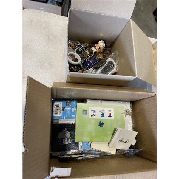 BOX FULL OF KEYCHAINS AND OLYMPIC PINS