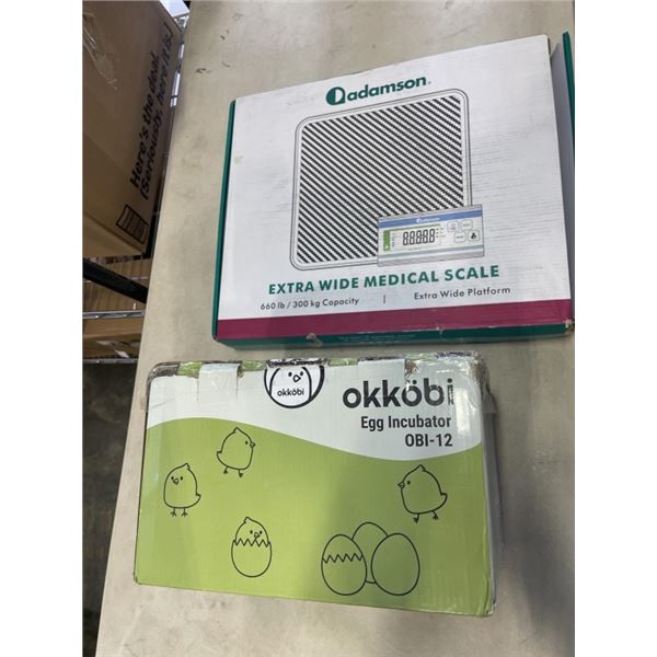 OKKOBI EGG INCUBATOR MODEL OBI-12 AND ADAMSON EXTRA WIDE MEDICAL SCALE