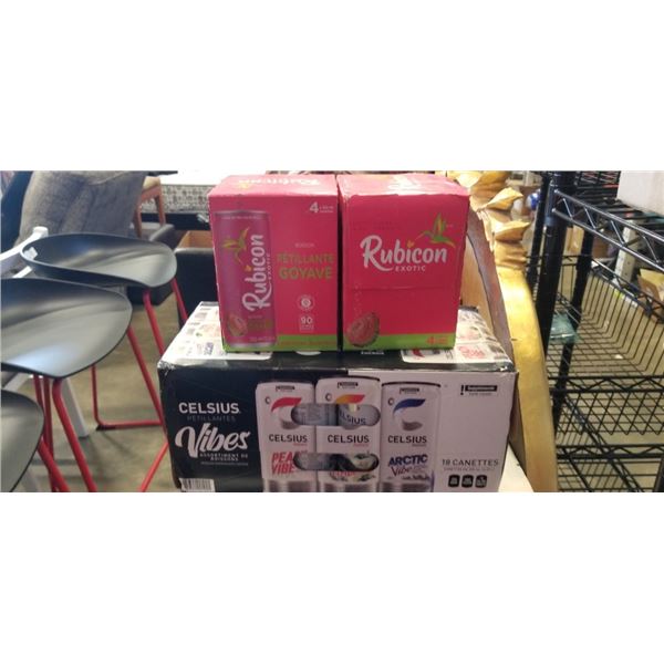 CASE OF CELSIUS AND 2 4PACKS OF RUBICON DRINKS