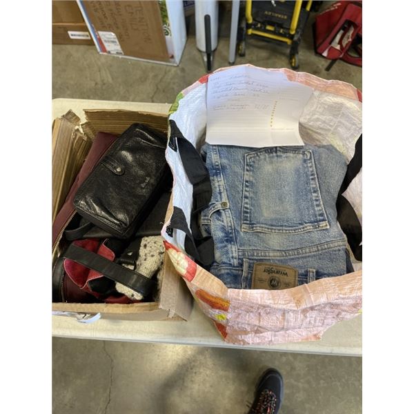 LOT OF JEANS, JACKETS, AND LADIES PURSES