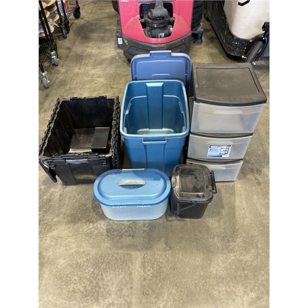 LOT OF TOTES AND STORAGE DRAWERS