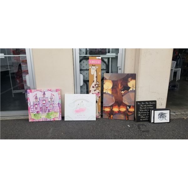 6 SMALL FRAMED PRINTS, 3 CANVAS ARTS AND A GIRAFFE PAINTED ON BOARD