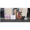 Image 1 : 6 SMALL FRAMED PRINTS, 3 CANVAS ARTS AND A GIRAFFE PAINTED ON BOARD