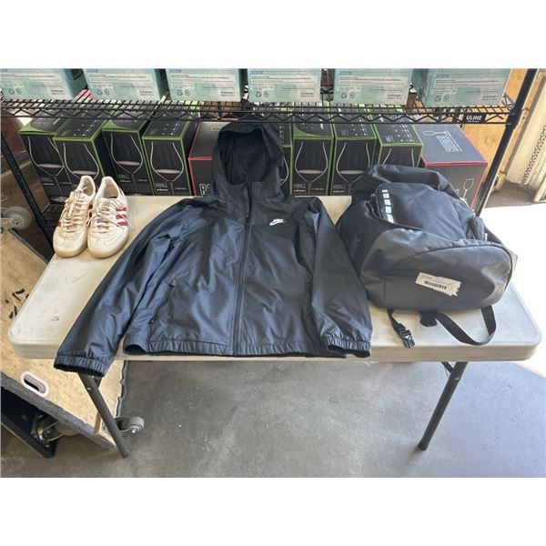 NIKE XL RAIN JACKET AND NIKE BAG WITH BROKEN ZIPPER AND FSO CLEATS SIZE 9 1/2 AND ADIDAS SPEZIAL SHO