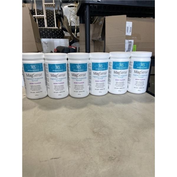 6 CONTAINERS WOMENSENSE MAGSENSE MAGNESIUM BISGLYCINATE FORMULA. BERRY FLAVOUR. 400G PER CONTAINER. 