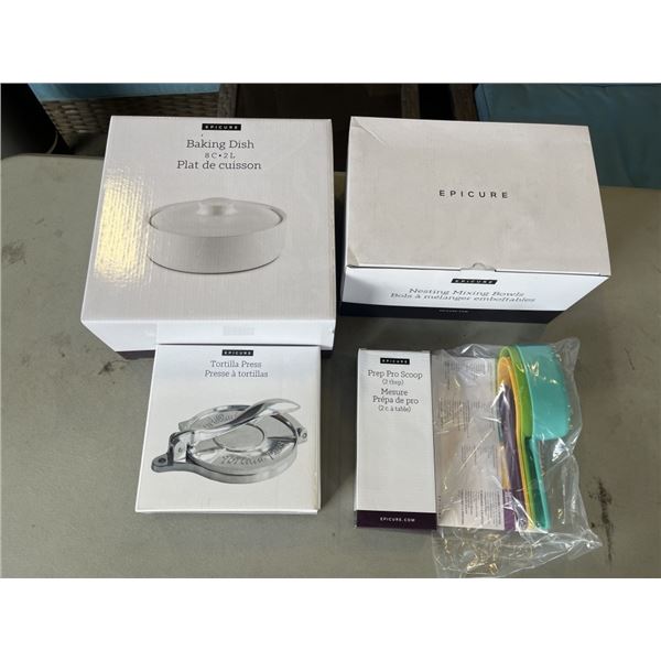 NEW EPICURE NESTING MIXING BOWL SET, PREP PRO SCOOP, PERFECT PORTION SCOOP SET, 8 CUP BAKING DISH WI