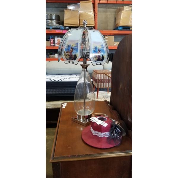 GLASS TABLE LAMP WITH GLASS SHADE AND DECORATIVE VINTAGE HAT LAMP