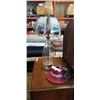 Image 1 : GLASS TABLE LAMP WITH GLASS SHADE AND DECORATIVE VINTAGE HAT LAMP