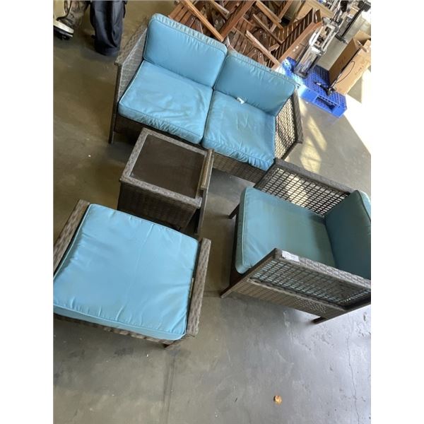 4PC PATIO SET - LOVE SEAT, CHAIR W/ OTTOMAN, AND SIDE TABLE W/ TRAY